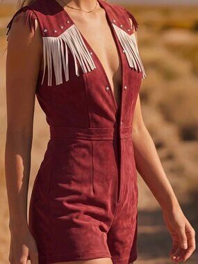 Western-Style Burgundy Fringe Romper With Stud Details